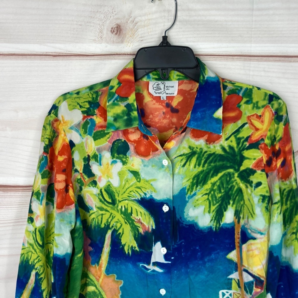 Michael Leu Top Women L Silk Tropical Print Shirt Long Sleeve Art to Wear Floral - Picture 2 of 7
